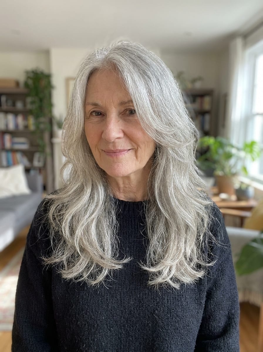 Lange graue Haare mit weichen Layers - Graue Haare Frisur